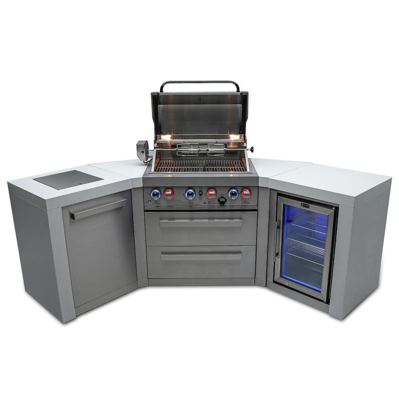 Mont Alpi Islands Mont Alpi 400 Deluxe Island with Fridge Cabinet + Two 45 Degree Corners / 4-Burner Grill, 2 Infrared Burners, Fridge, Stainless Steel / MAi400-D45FC