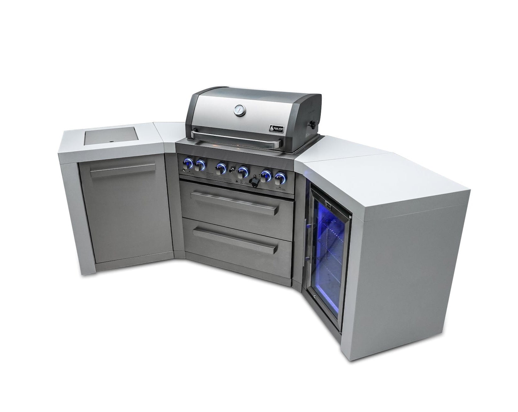 Mont Alpi Islands Mont Alpi 400 Deluxe Island with Fridge Cabinet + Two 45 Degree Corners / 4-Burner Grill, 2 Infrared Burners, Fridge, Stainless Steel / MAi400-D45FC