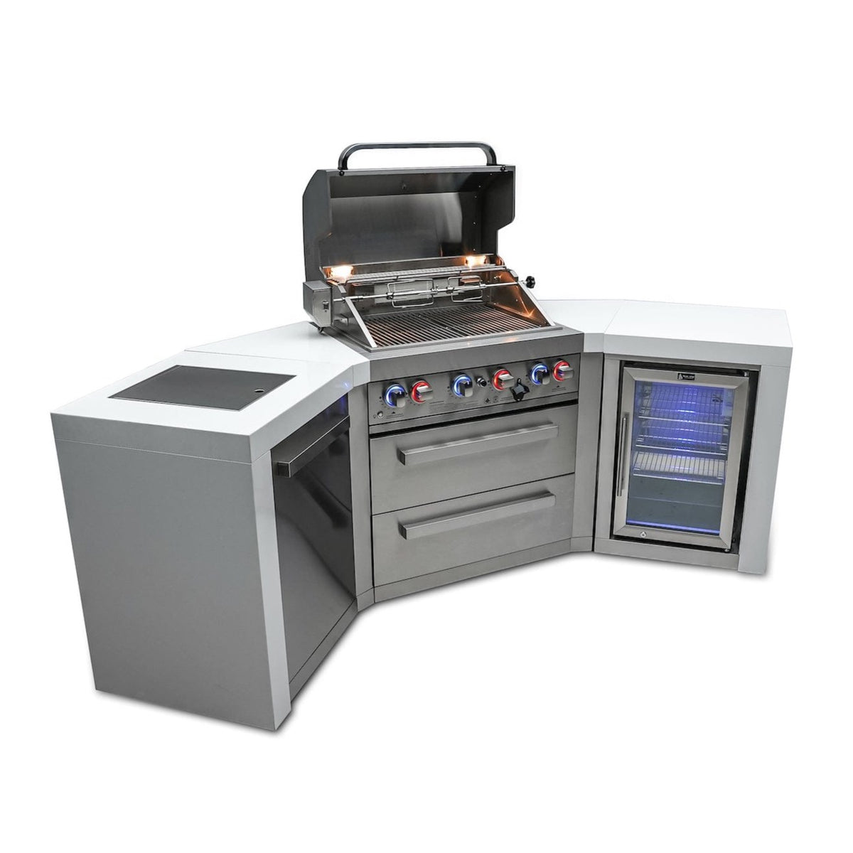Mont Alpi Islands Mont Alpi 400 Deluxe Island with Fridge Cabinet + Two 45 Degree Corners / 4-Burner Grill, 2 Infrared Burners, Fridge, Stainless Steel / MAi400-D45FC