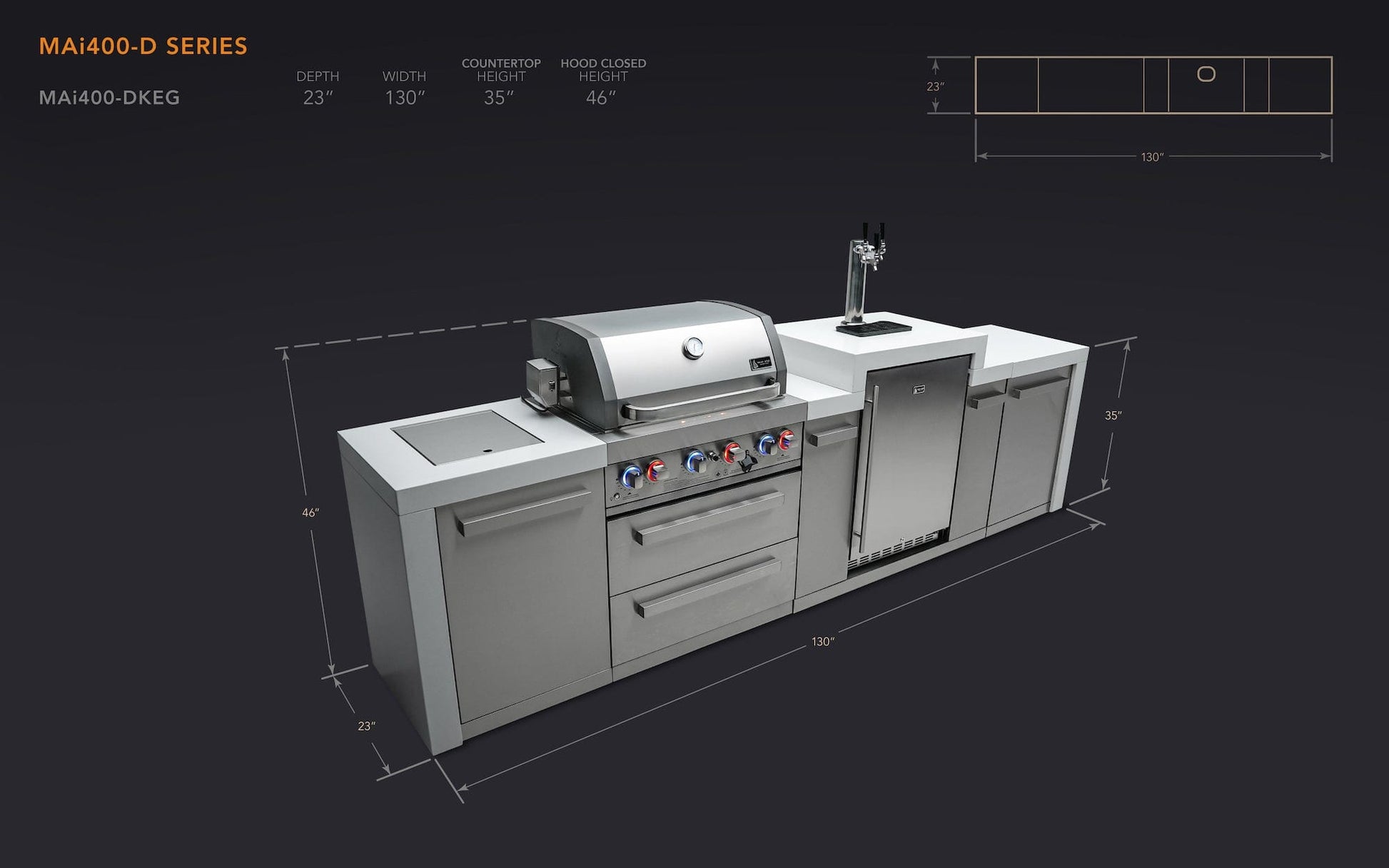 Mont Alpi Islands Mont Alpi 400 Deluxe Island with Kegerator / 4-Burner Grill, 2 Infrared Burners, Stainless Steel, Waterfall Sides / MAi400-DKEG