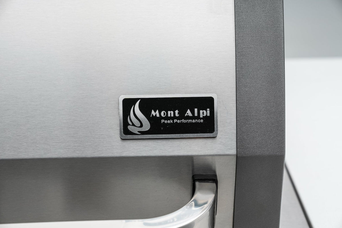 Mont Alpi Islands Mont Alpi 400 Deluxe Island with Kegerator + 90 Degree Corner / 4-Burner Grill, 2 Infrared Burners, Stainless Steel, Waterfall Sides  / MAi400-D90KEG