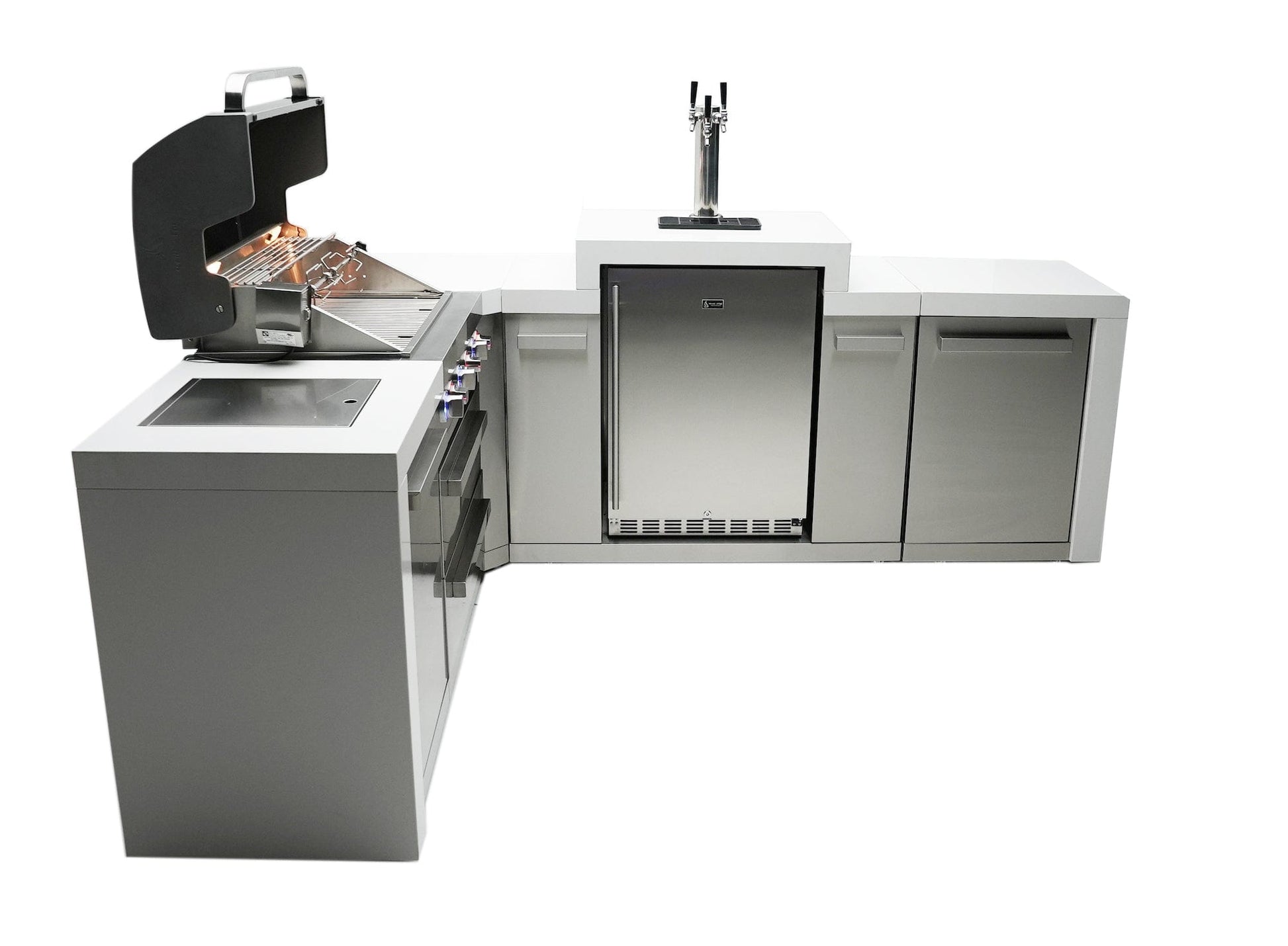 Mont Alpi Islands Mont Alpi 400 Deluxe Island with Kegerator + 90 Degree Corner / 4-Burner Grill, 2 Infrared Burners, Stainless Steel, Waterfall Sides  / MAi400-D90KEG