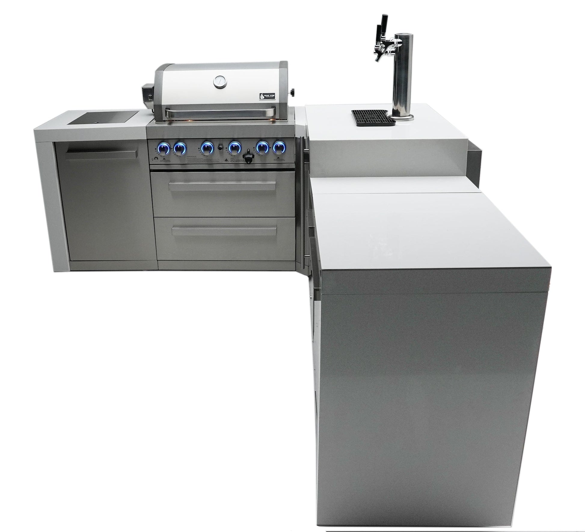 Mont Alpi Islands Mont Alpi 400 Deluxe Island with Kegerator + 90 Degree Corner / 4-Burner Grill, 2 Infrared Burners, Stainless Steel, Waterfall Sides  / MAi400-D90KEG