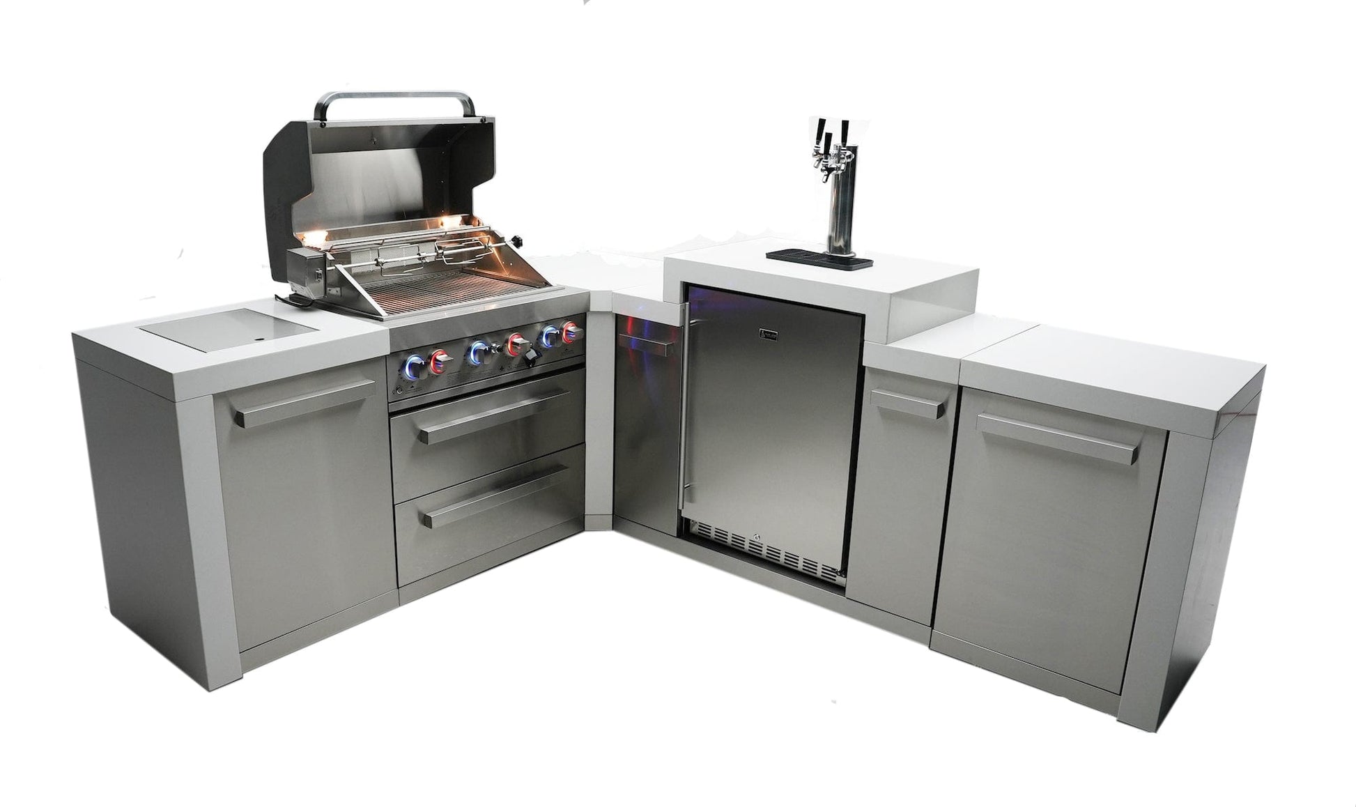 Mont Alpi Islands Mont Alpi 400 Deluxe Island with Kegerator + 90 Degree Corner / 4-Burner Grill, 2 Infrared Burners, Stainless Steel, Waterfall Sides  / MAi400-D90KEG