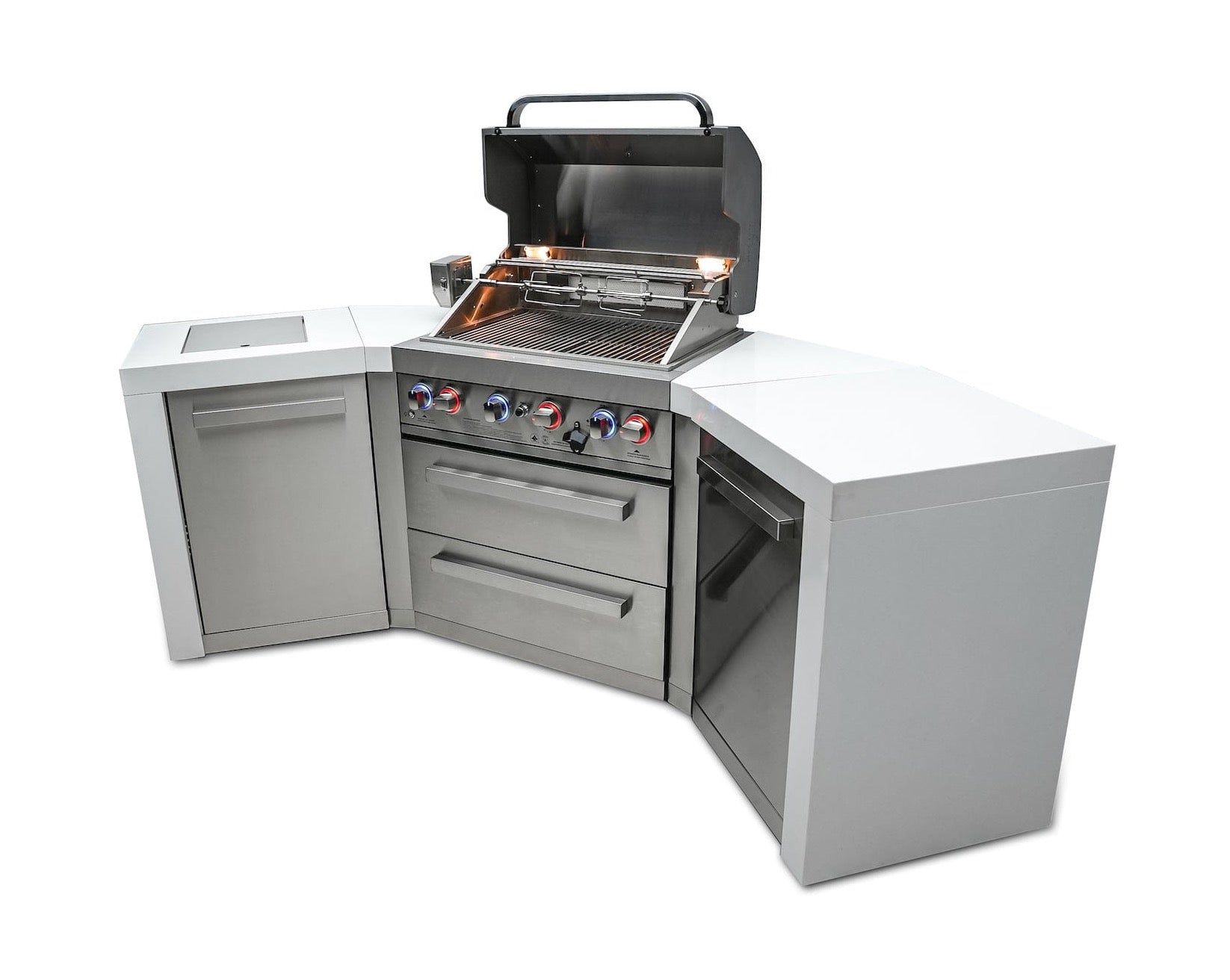 Mont Alpi Islands Mont Alpi 400 Deluxe Island with Two 45 Degree Corners / 4-Burner Grill, 2 Infrared Burners, Stainless Steel, Cover / MAi400-D45