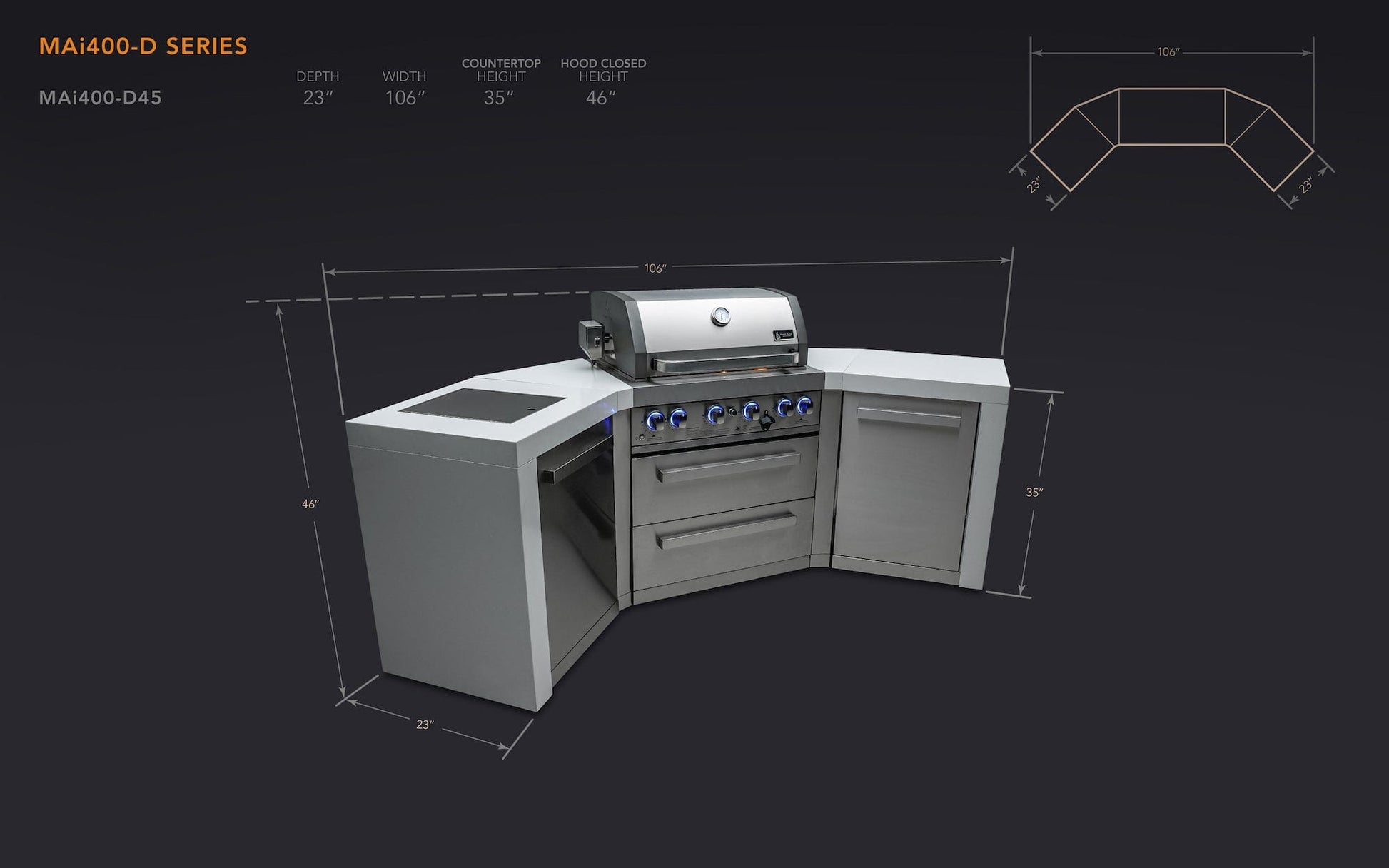 Mont Alpi Islands Mont Alpi 400 Deluxe Island with Two 45 Degree Corners / 4-Burner Grill, 2 Infrared Burners, Stainless Steel, Cover / MAi400-D45