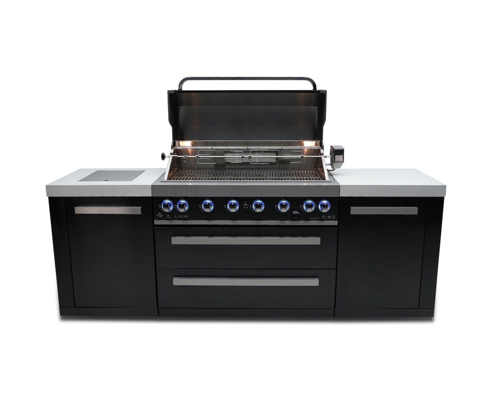 Mont Alpi Islands Mont Alpi 805 Black Stainless Steel Island / 6-Burner Grill, 2 Infrared Burners, Rotisserie Kit, Cover / MAi805-BSS