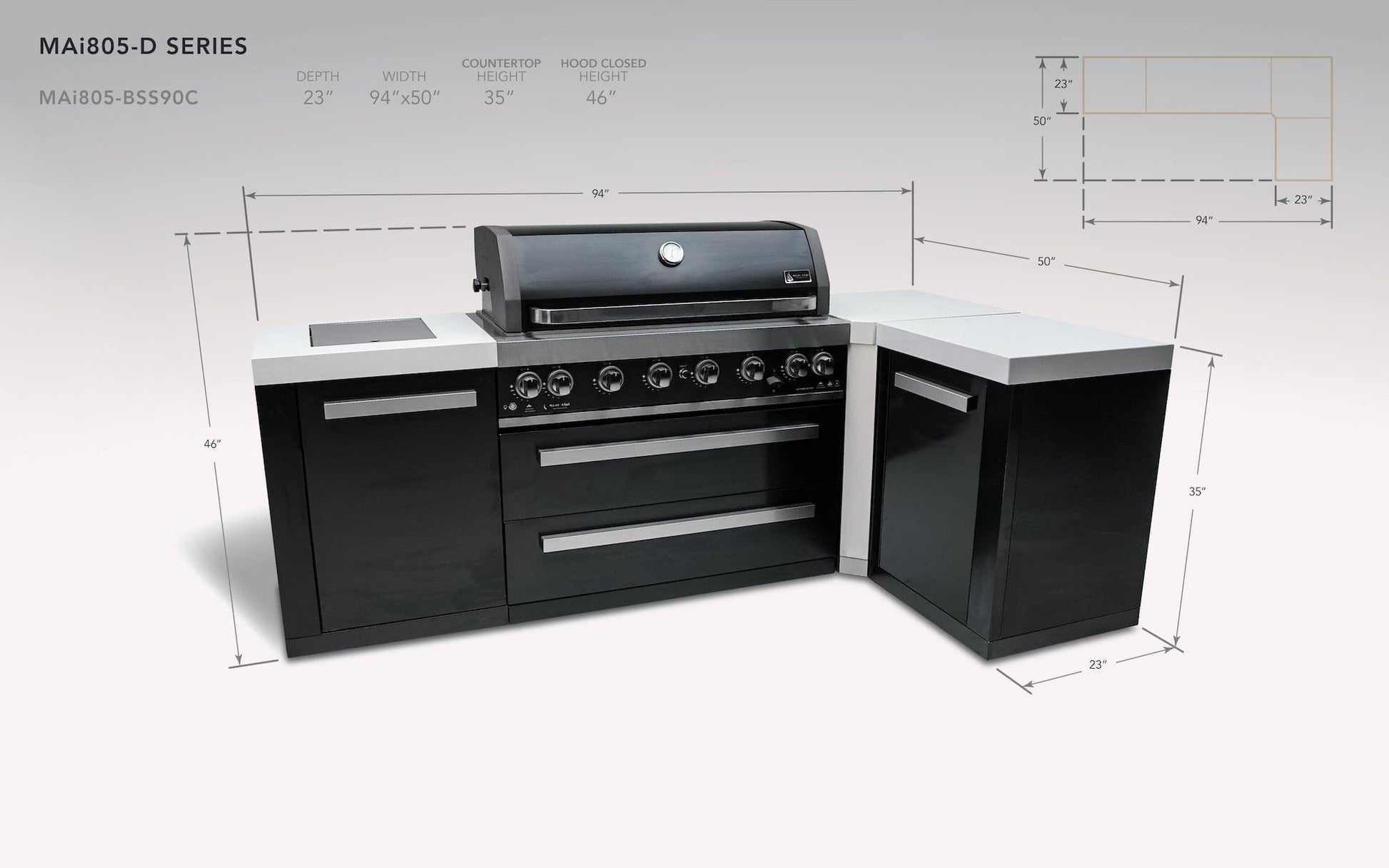 Mont Alpi Islands Mont Alpi 805 Black Stainless Steel Island with 90 Degree Corner / 6-Burner Grill, 2 Infrared Burners, Rotisserie Kit / MAi805-BSS90C