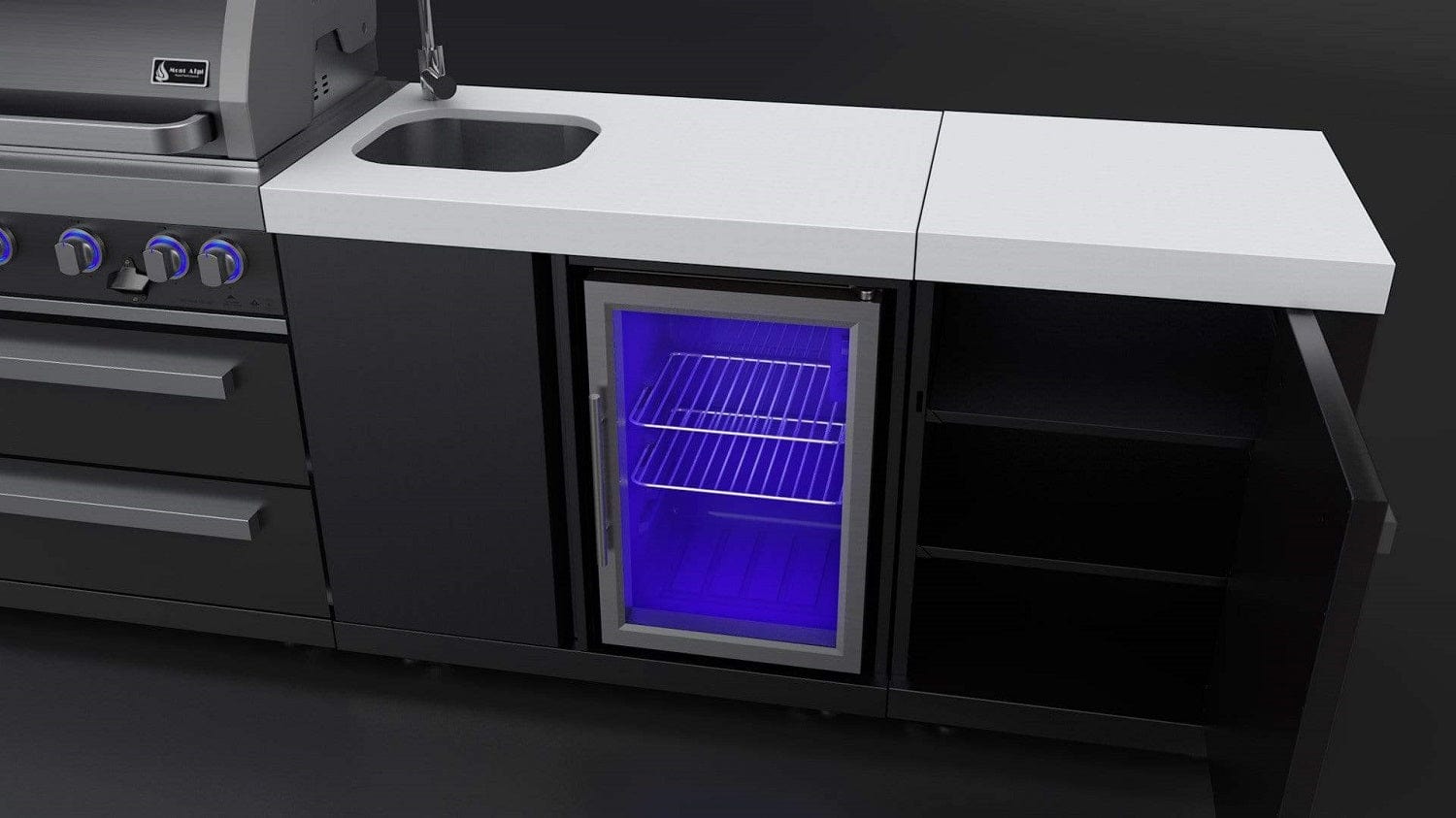 Mont Alpi Islands Mont Alpi 805 Black Stainless Steel Island with Beverage Center / 6-Burner Grill, 2 Infrared Burners, Sink, Fridge / MAi805-BSSBEV