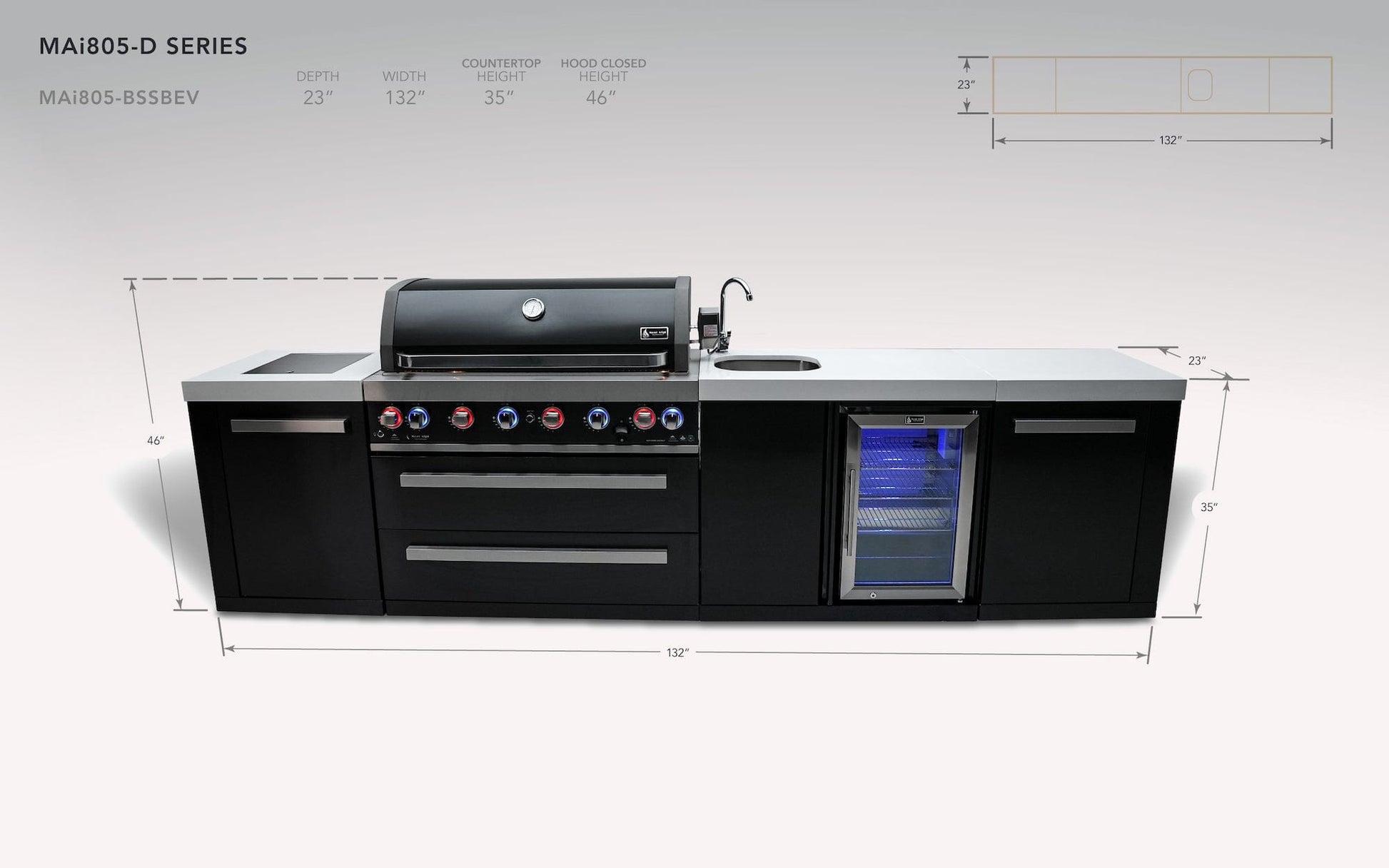 Mont Alpi Islands Mont Alpi 805 Black Stainless Steel Island with Beverage Center / 6-Burner Grill, 2 Infrared Burners, Sink, Fridge / MAi805-BSSBEV