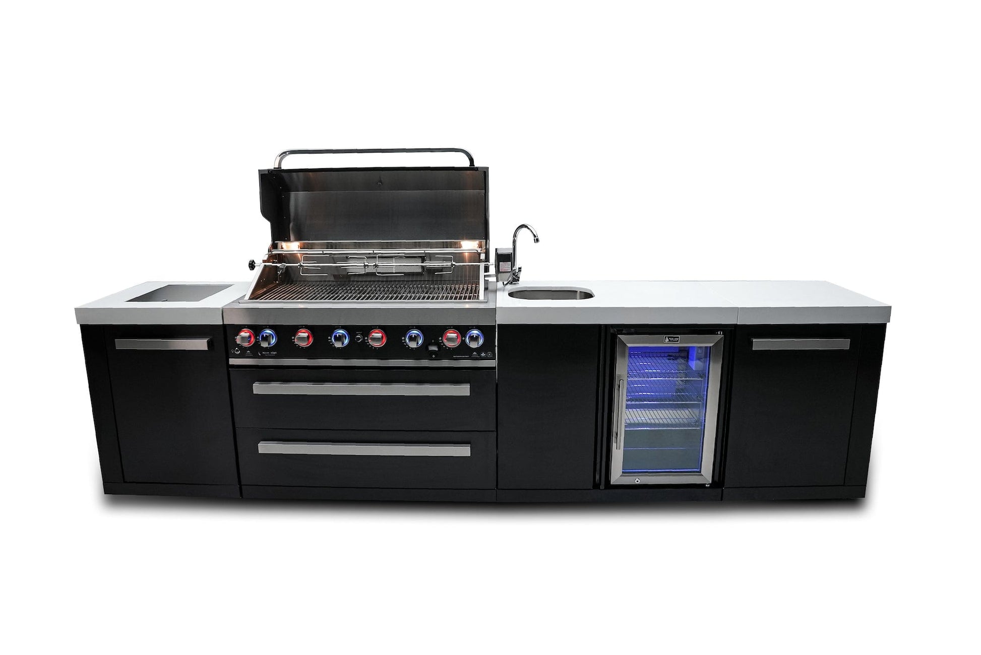 Mont Alpi Islands Mont Alpi 805 Black Stainless Steel Island with Beverage Center / 6-Burner Grill, 2 Infrared Burners, Sink, Fridge / MAi805-BSSBEV