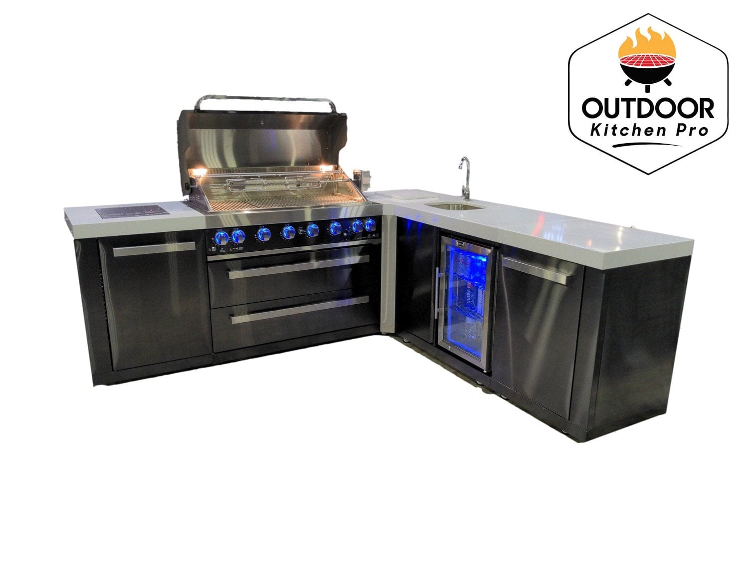 Mont Alpi Islands Mont Alpi 805 Black Stainless Steel Island with Beverage Center + 90 Degree Corner / 6-Burner Grill, 2 Infrared Burners, Sink, Fridge / MAi805-BSSBEV90C