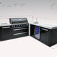 Mont Alpi Islands Mont Alpi 805 Black Stainless Steel Island with Beverage Center + 90 Degree Corner / 6-Burner Grill, 2 Infrared Burners, Sink, Fridge / MAi805-BSSBEV90C