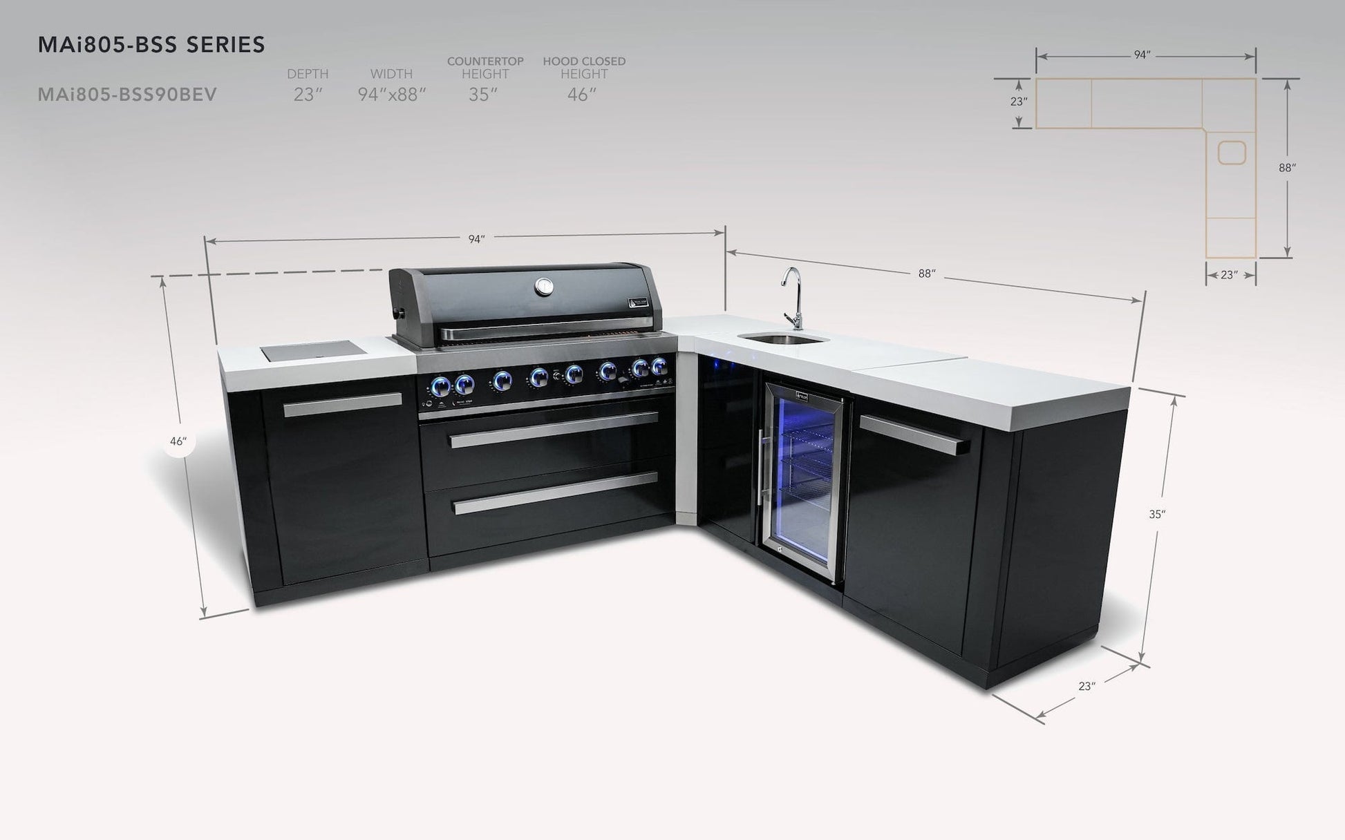 Mont Alpi Islands Mont Alpi 805 Black Stainless Steel Island with Beverage Center + 90 Degree Corner / 6-Burner Grill, 2 Infrared Burners, Sink, Fridge / MAi805-BSSBEV90C