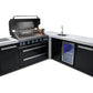 Mont Alpi Islands Mont Alpi 805 Black Stainless Steel Island with Beverage Center + 90 Degree Corner / 6-Burner Grill, 2 Infrared Burners, Sink, Fridge / MAi805-BSSBEV90C