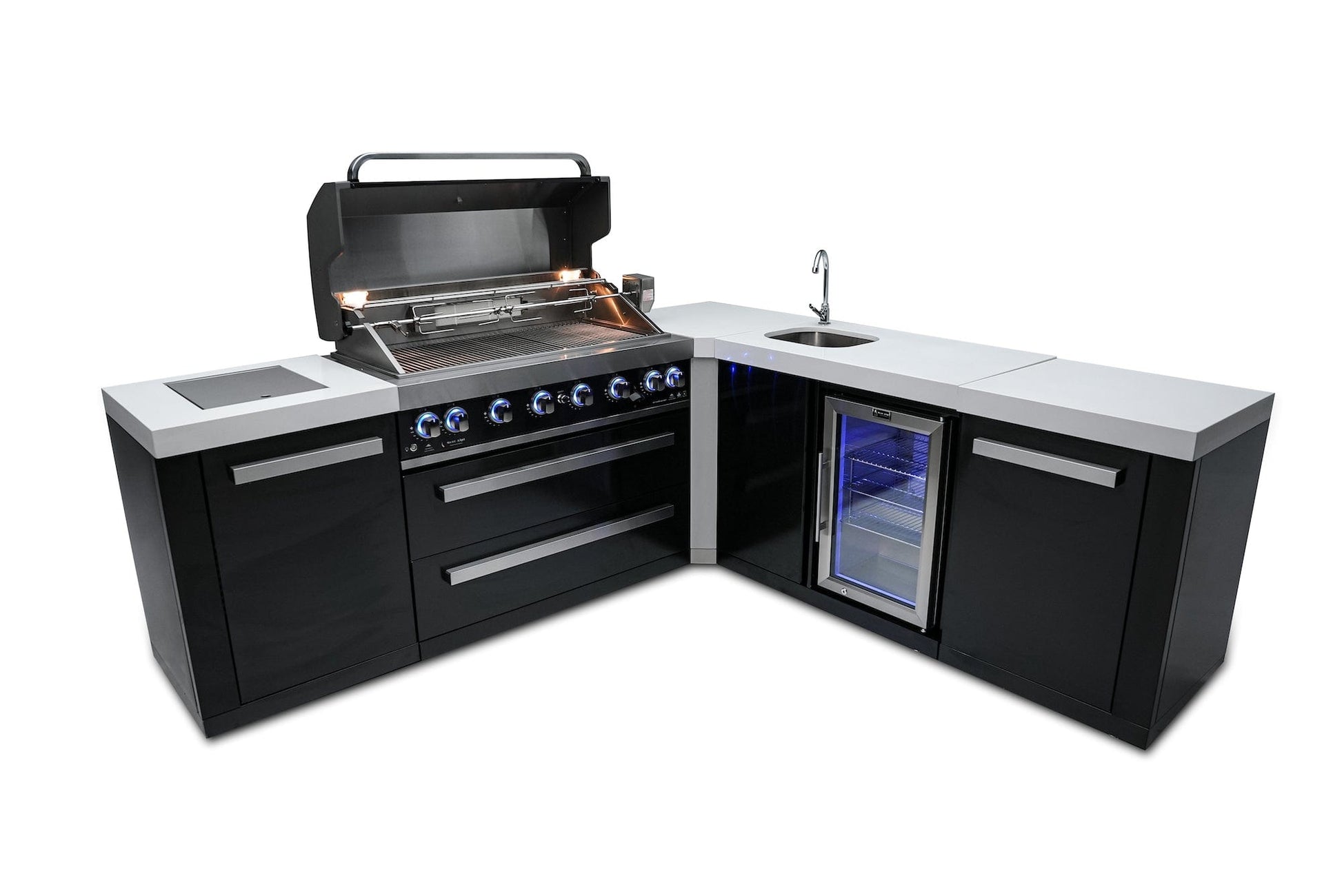 Mont Alpi Islands Mont Alpi 805 Black Stainless Steel Island with Beverage Center + 90 Degree Corner / 6-Burner Grill, 2 Infrared Burners, Sink, Fridge / MAi805-BSSBEV90C