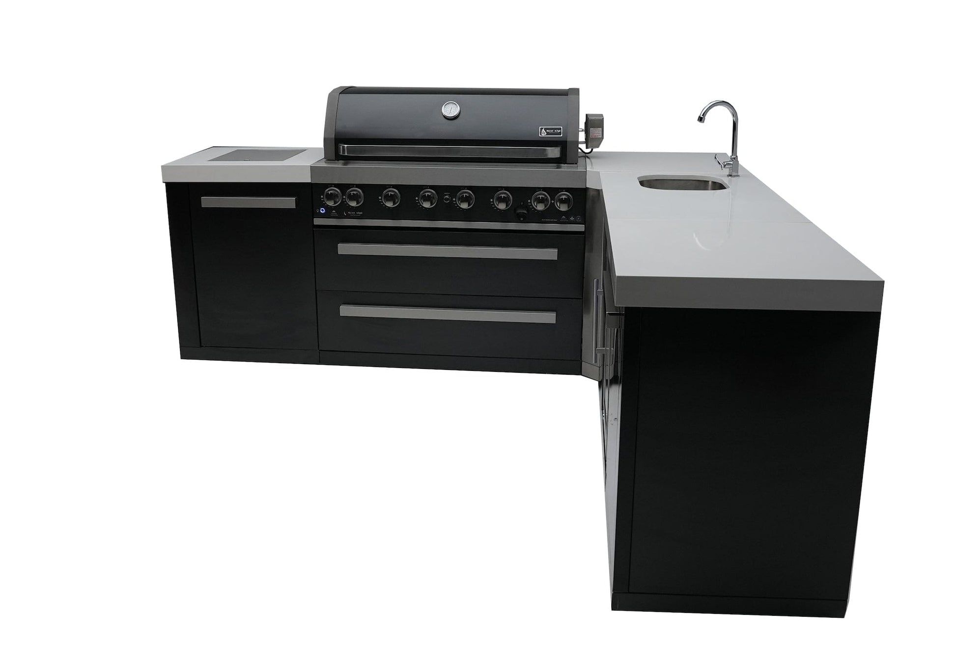 Mont Alpi Islands Mont Alpi 805 Black Stainless Steel Island with Beverage Center + 90 Degree Corner / 6-Burner Grill, 2 Infrared Burners, Sink, Fridge / MAi805-BSSBEV90C