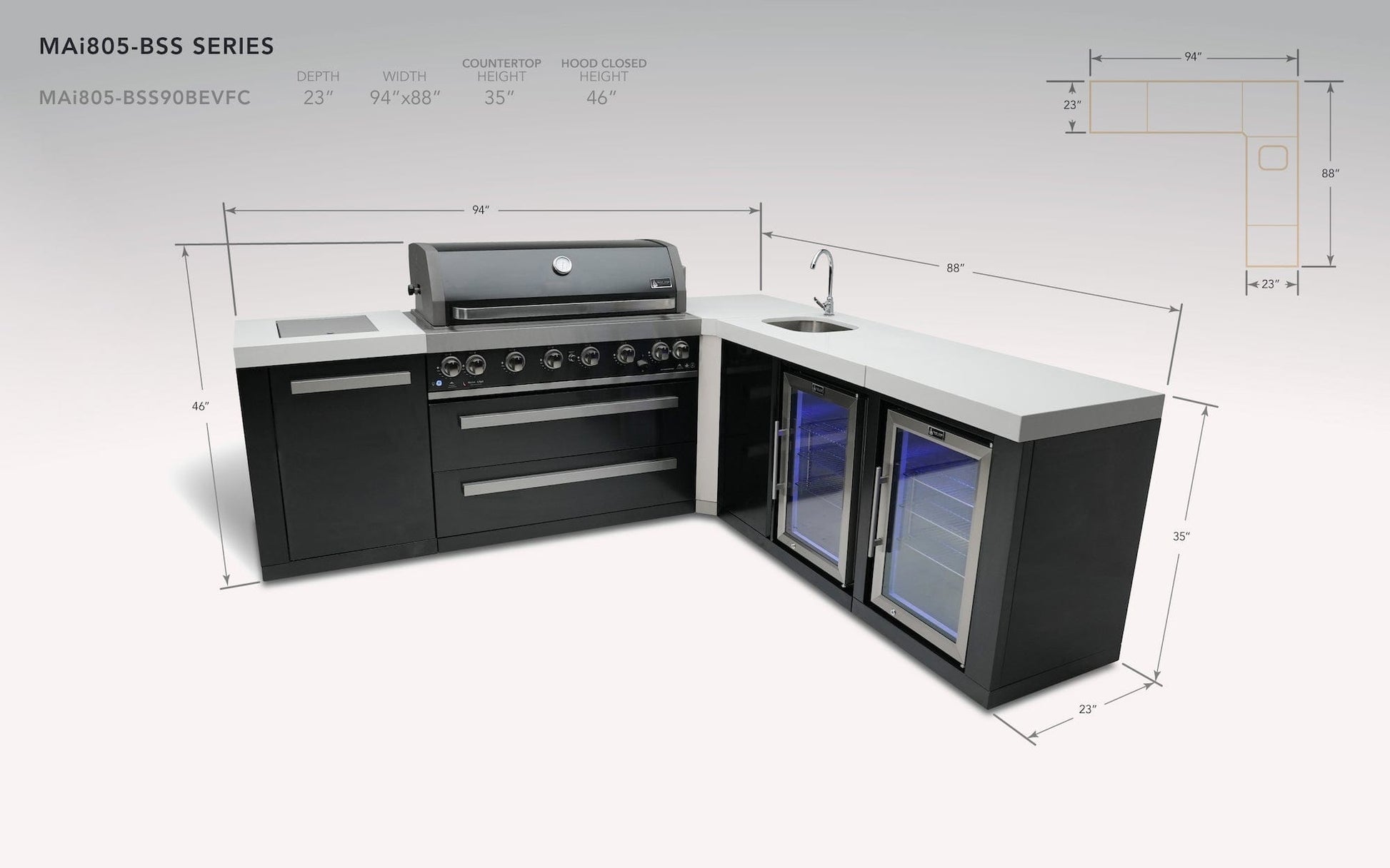 Mont Alpi Islands Mont Alpi 805 Black Stainless Steel Island with Beverage Center + Fridge Cabinet + 90 Degree Corner / 6-Burner Grill, 2 Infrared Burners, Sink, 2 Fridges / MAi805-BSS90BEVFC