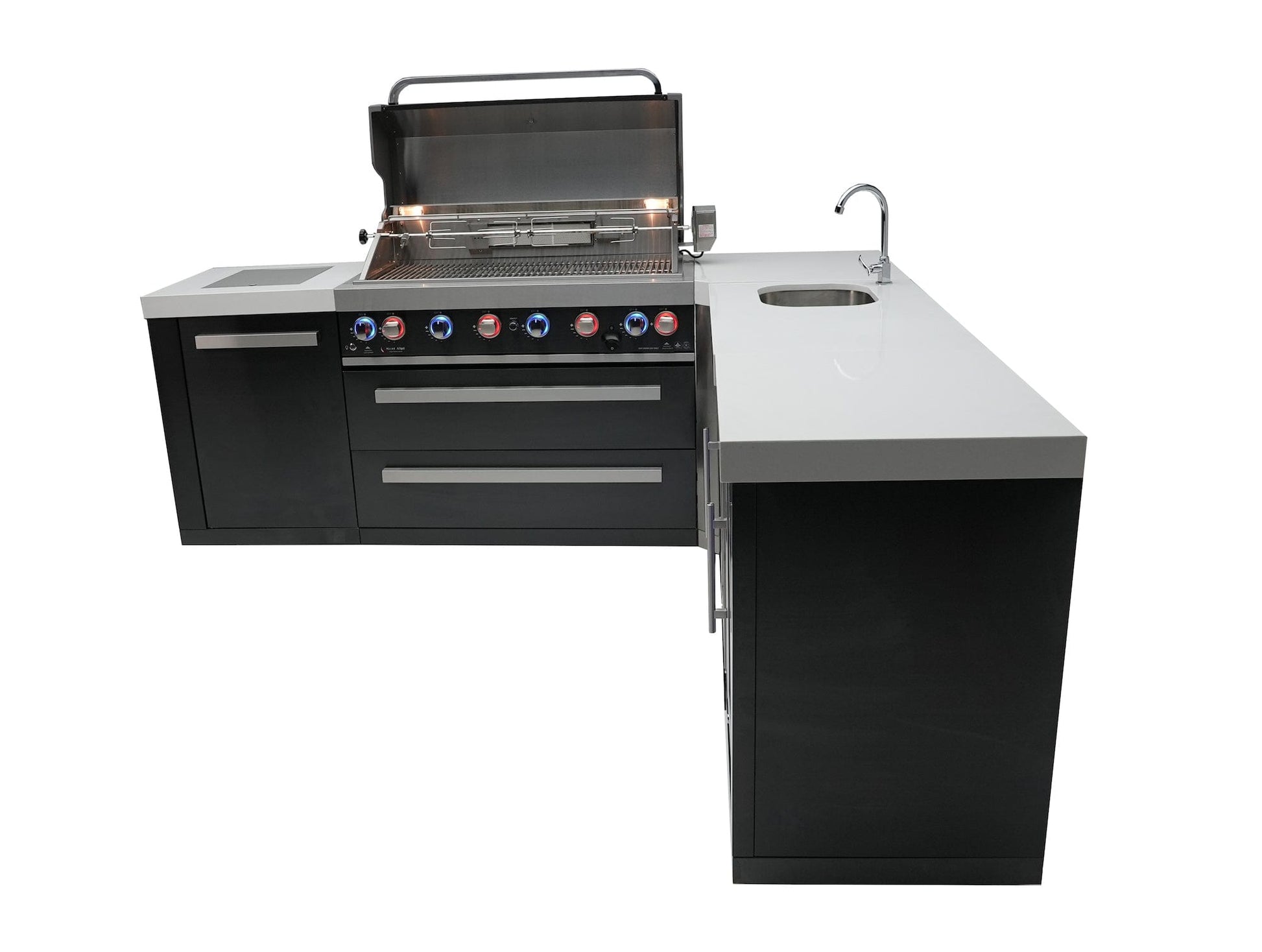 Mont Alpi Islands Mont Alpi 805 Black Stainless Steel Island with Beverage Center + Fridge Cabinet + 90 Degree Corner / 6-Burner Grill, 2 Infrared Burners, Sink, 2 Fridges / MAi805-BSS90BEVFC