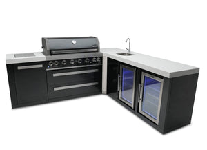 Mont Alpi Islands Mont Alpi 805 Black Stainless Steel Island with Beverage Center + Fridge Cabinet + 90 Degree Corner / 6-Burner Grill, 2 Infrared Burners, Sink, 2 Fridges / MAi805-BSS90BEVFC