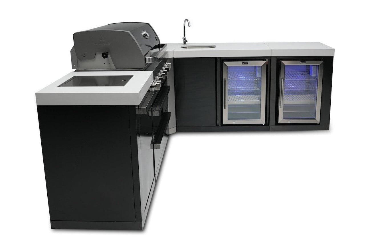Mont Alpi Islands Mont Alpi 805 Black Stainless Steel Island with Beverage Center + Fridge Cabinet + 90 Degree Corner / 6-Burner Grill, 2 Infrared Burners, Sink, 2 Fridges / MAi805-BSS90BEVFC