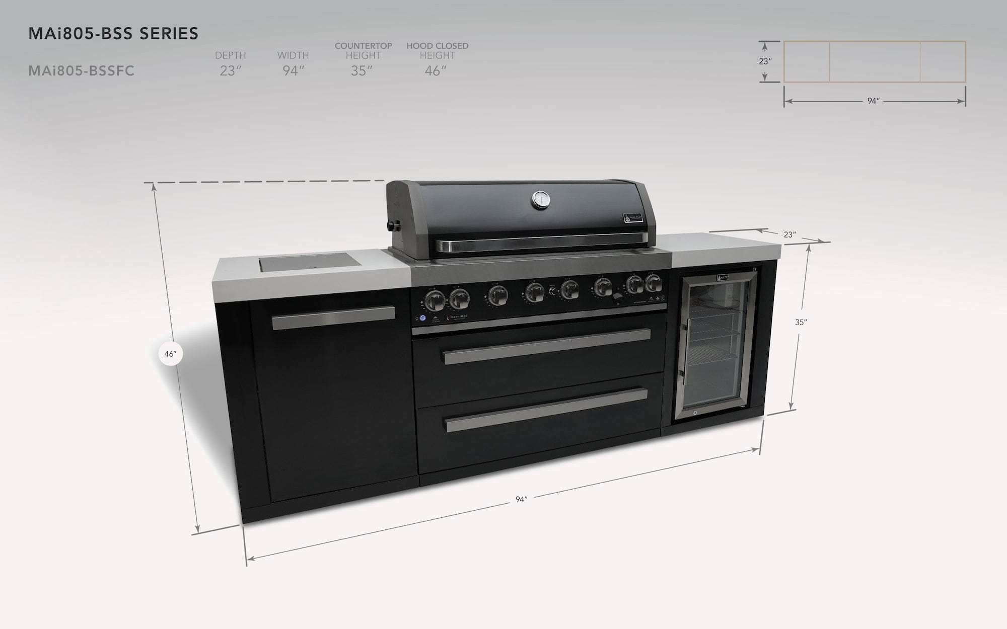 Mont Alpi 805 Black Stainless Steel Island with Fridge Cabinet / 6-Bur