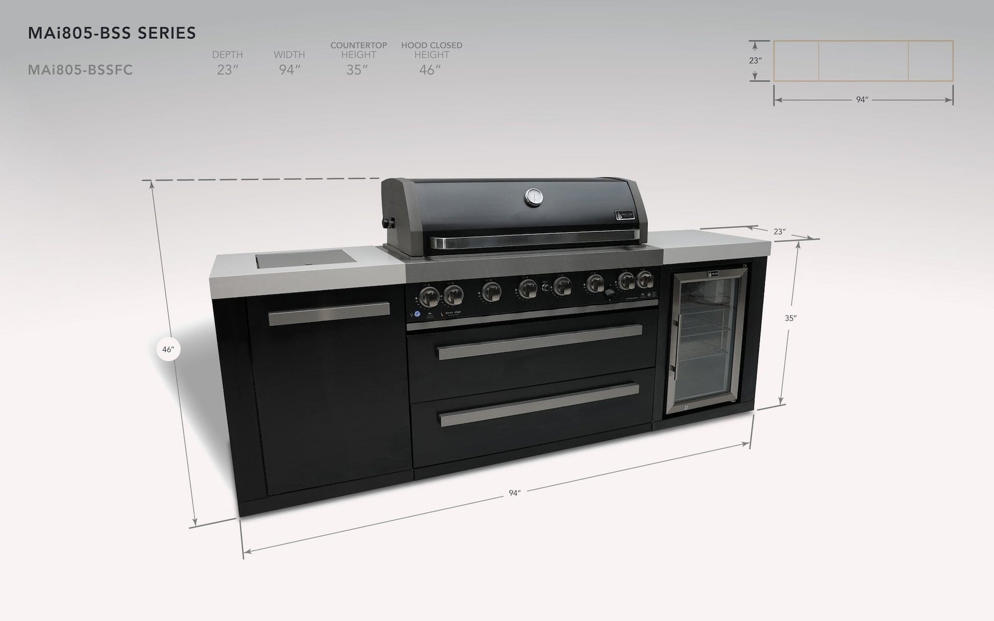 Mont Alpi Islands Mont Alpi 805 Black Stainless Steel Island with Fridge Cabinet / 6-Burner Grill, 2 Infrared Burners, Fridge  / MAi805-BSSFC