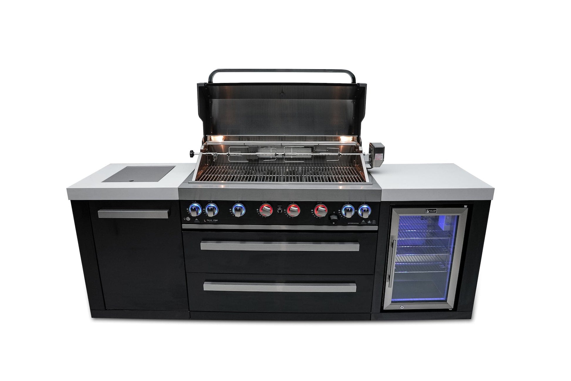 Mont Alpi Islands Mont Alpi 805 Black Stainless Steel Island with Fridge Cabinet / 6-Burner Grill, 2 Infrared Burners, Fridge  / MAi805-BSSFC