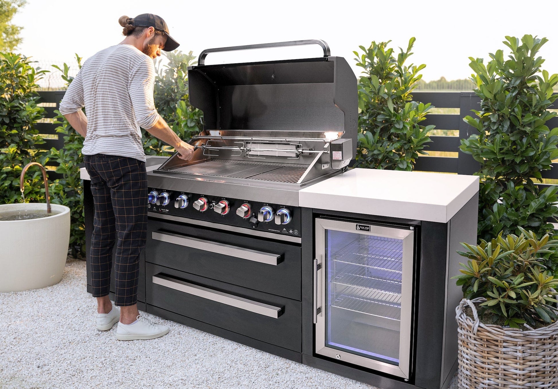 Mont Alpi Islands Mont Alpi 805 Black Stainless Steel Island with Fridge Cabinet / 6-Burner Grill, 2 Infrared Burners, Fridge  / MAi805-BSSFC