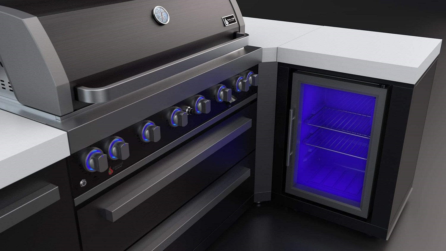 Mont Alpi Islands Mont Alpi 805 Black Stainless Steel Island with Fridge Cabinet + 90 Degree Corner / 6-Burner Grill, 2 Infrared Burners, Fridge, Extension  / MAi805-BSS90FC
