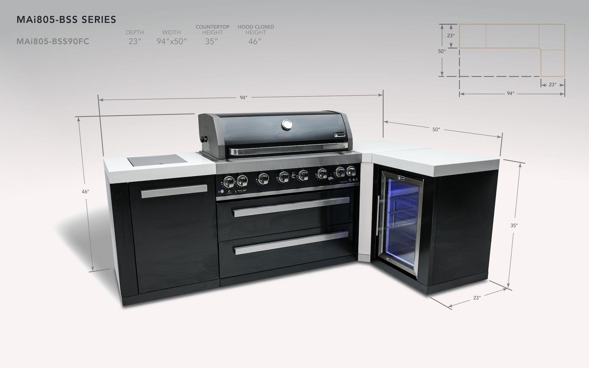 Mont Alpi Islands Mont Alpi 805 Black Stainless Steel Island with Fridge Cabinet + 90 Degree Corner / 6-Burner Grill, 2 Infrared Burners, Fridge, Extension  / MAi805-BSS90FC