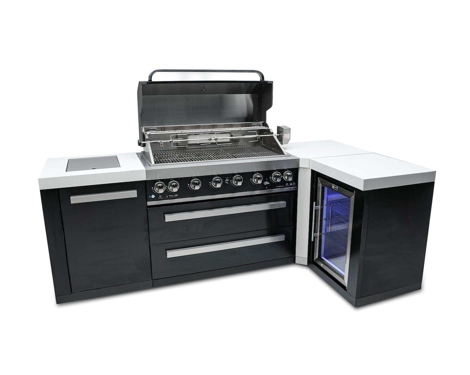 Mont Alpi Islands Mont Alpi 805 Black Stainless Steel Island with Fridge Cabinet + 90 Degree Corner / 6-Burner Grill, 2 Infrared Burners, Fridge, Extension  / MAi805-BSS90FC