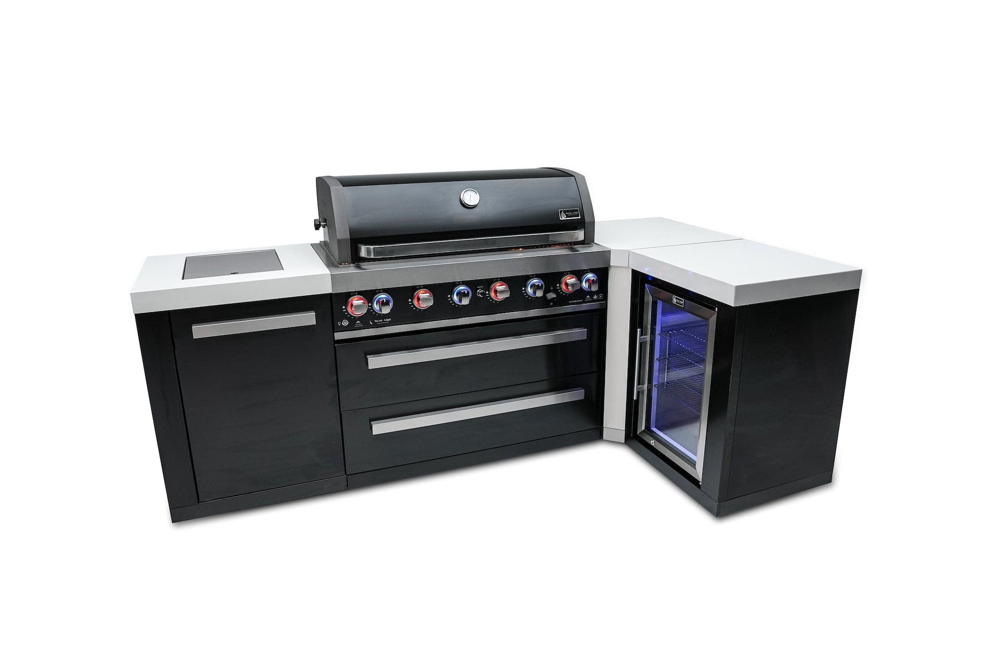 Mont Alpi Islands Mont Alpi 805 Black Stainless Steel Island with Fridge Cabinet + 90 Degree Corner / 6-Burner Grill, 2 Infrared Burners, Fridge, Extension  / MAi805-BSS90FC