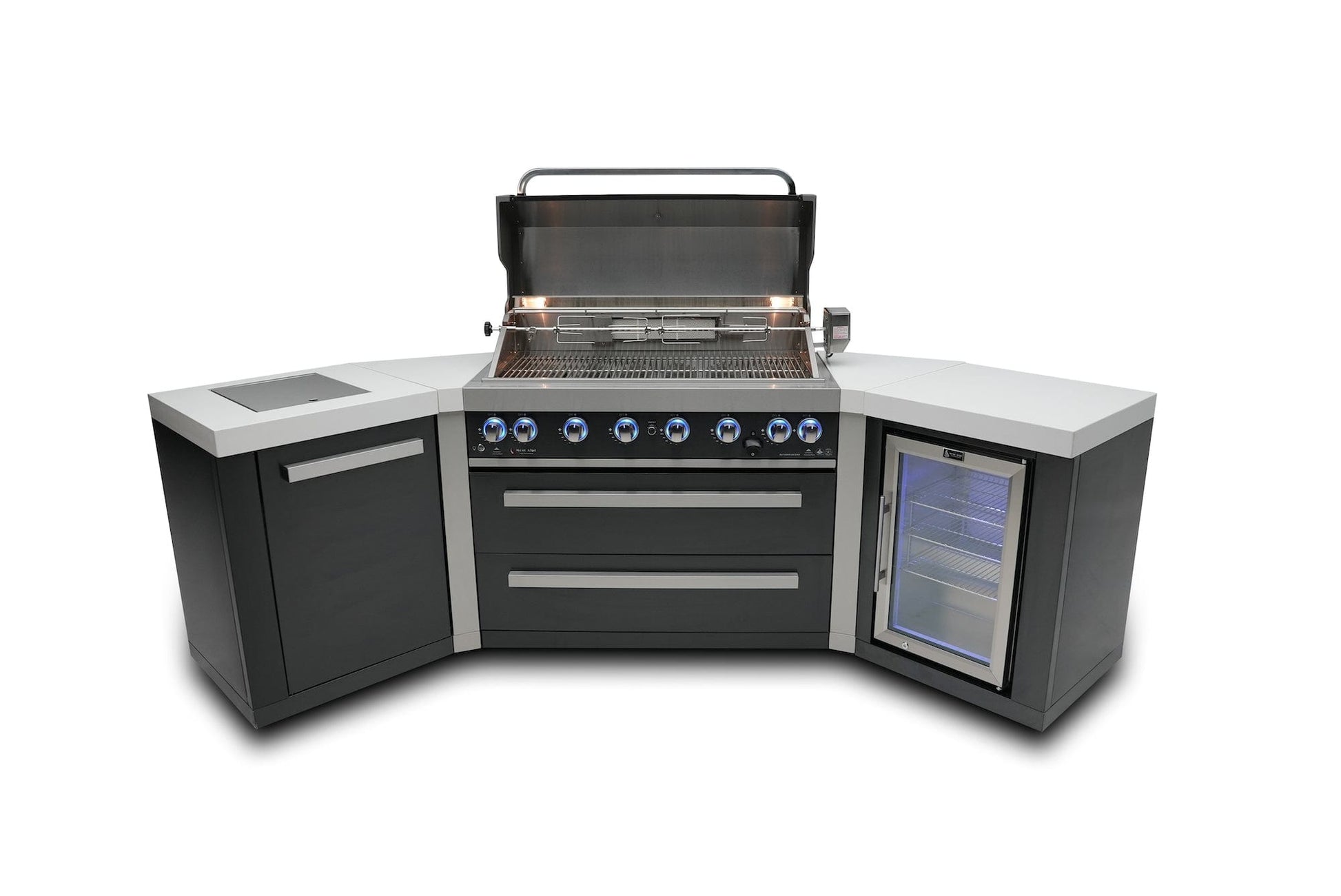 Mont Alpi Islands Mont Alpi 805 Black Stainless Steel Island with Fridge Cabinet + Two 45 Degree Corners / 6-Burner Grill, 2 Infrared Burners, Fridge, Stainless Steel / MAi805-BSS45FC