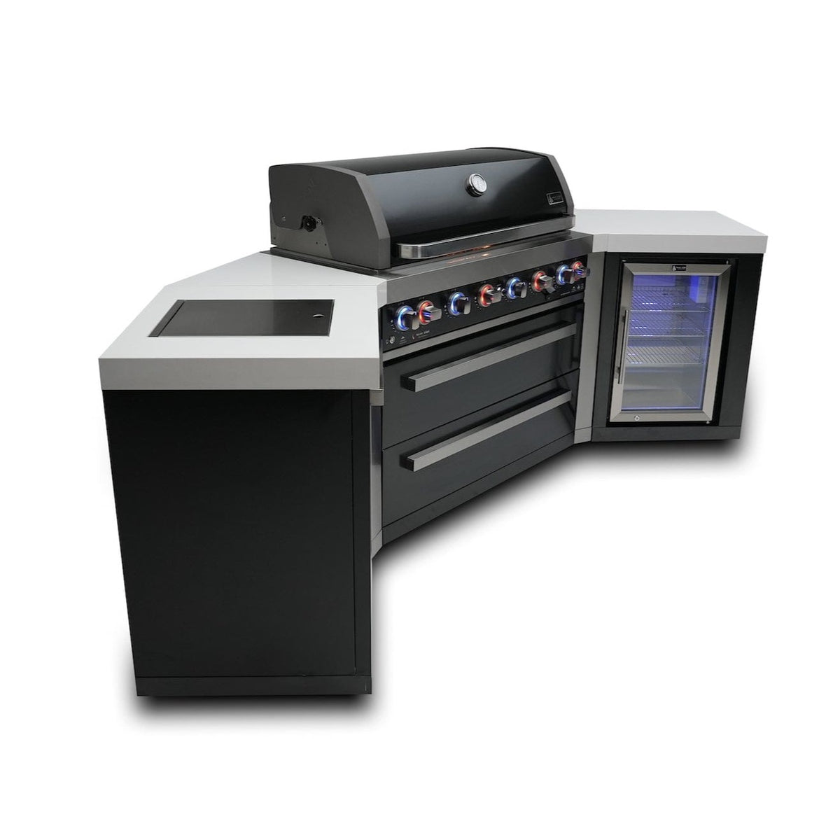 Mont Alpi Islands Mont Alpi 805 Black Stainless Steel Island with Fridge Cabinet + Two 45 Degree Corners / 6-Burner Grill, 2 Infrared Burners, Fridge, Stainless Steel / MAi805-BSS45FC