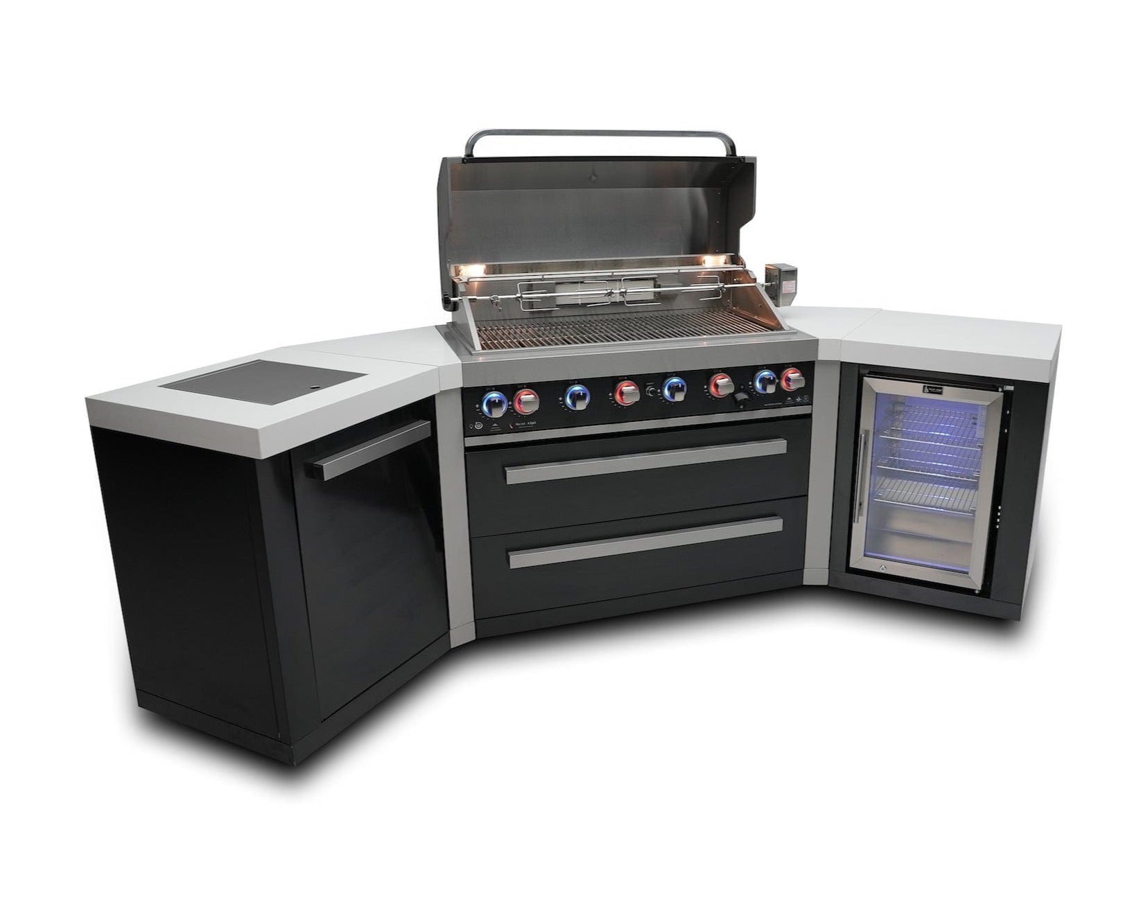 Mont Alpi Islands Mont Alpi 805 Black Stainless Steel Island with Fridge Cabinet + Two 45 Degree Corners / 6-Burner Grill, 2 Infrared Burners, Fridge, Stainless Steel / MAi805-BSS45FC