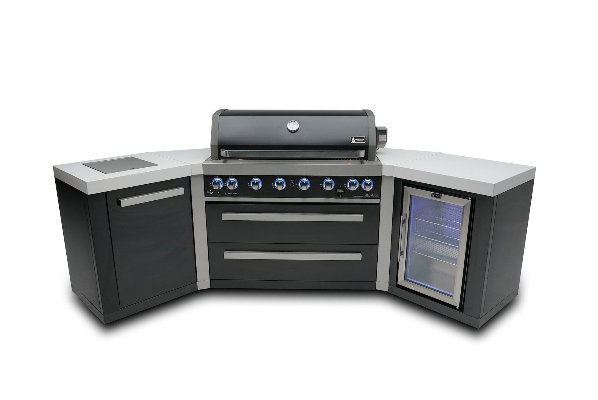 Mont Alpi Islands Mont Alpi 805 Black Stainless Steel Island with Fridge Cabinet + Two 45 Degree Corners / 6-Burner Grill, 2 Infrared Burners, Fridge, Stainless Steel / MAi805-BSS45FC