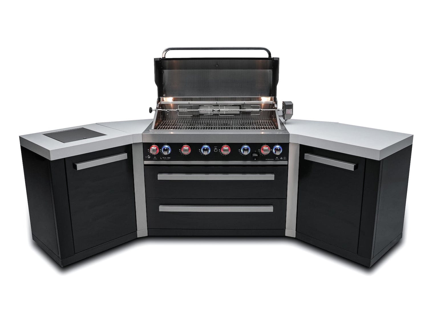 Mont Alpi Islands Mont Alpi 805 Black Stainless Steel Island with Two 45 Degree Corners / 6-Burner Grill, 2 Infrared Burners, Rotisserie Kit, Cover / MAi805-BSS45