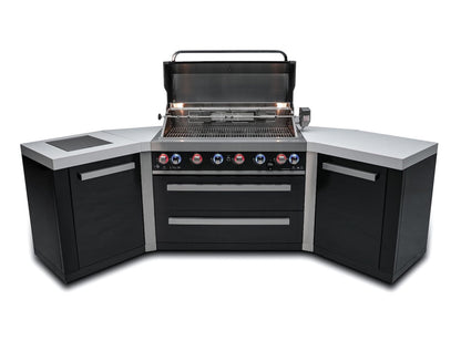 Mont Alpi Islands Mont Alpi 805 Black Stainless Steel Island with Two 45 Degree Corners / 6-Burner Grill, 2 Infrared Burners, Rotisserie Kit, Cover / MAi805-BSS45
