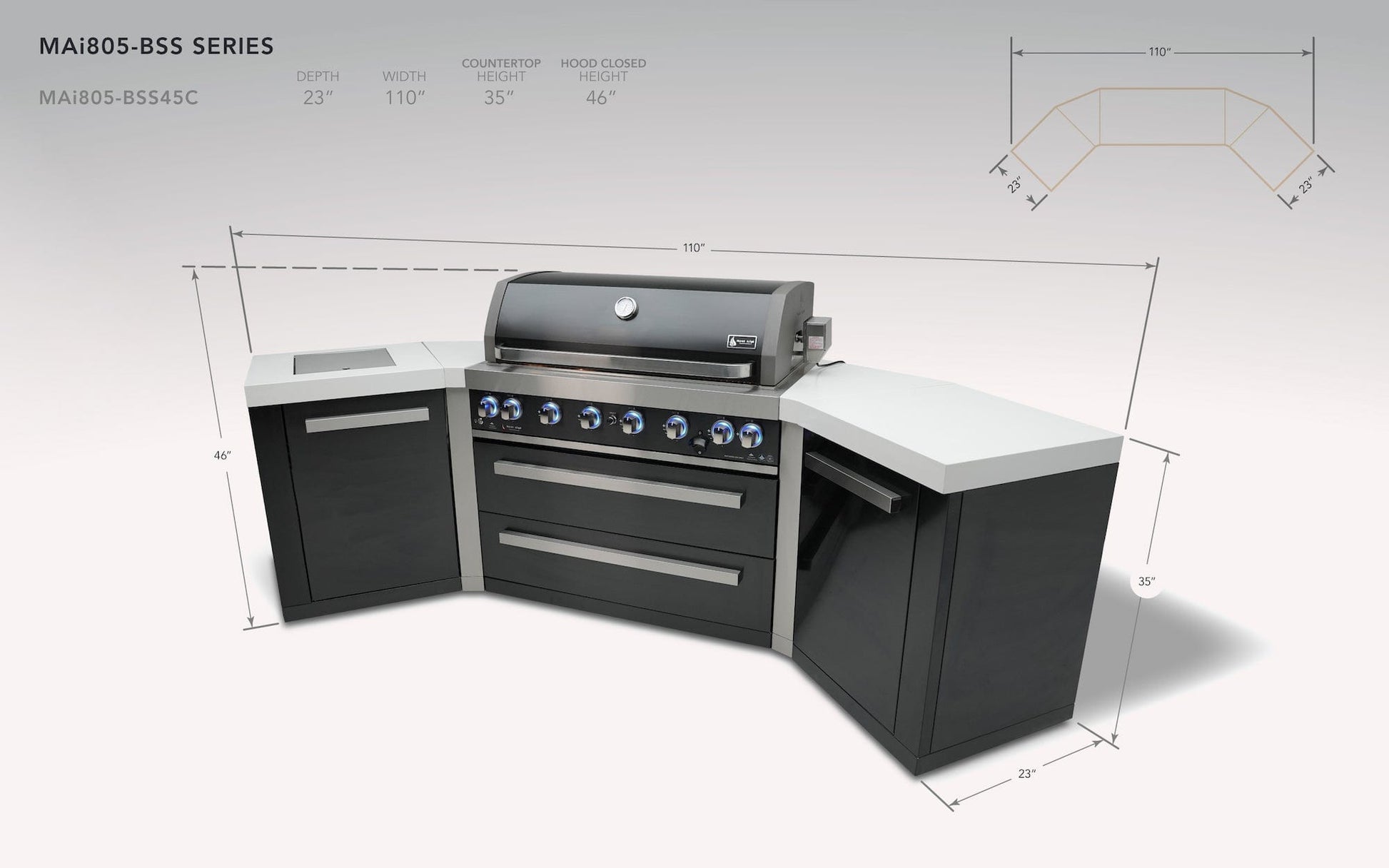 Mont Alpi Islands Mont Alpi 805 Black Stainless Steel Island with Two 45 Degree Corners / 6-Burner Grill, 2 Infrared Burners, Rotisserie Kit, Cover / MAi805-BSS45
