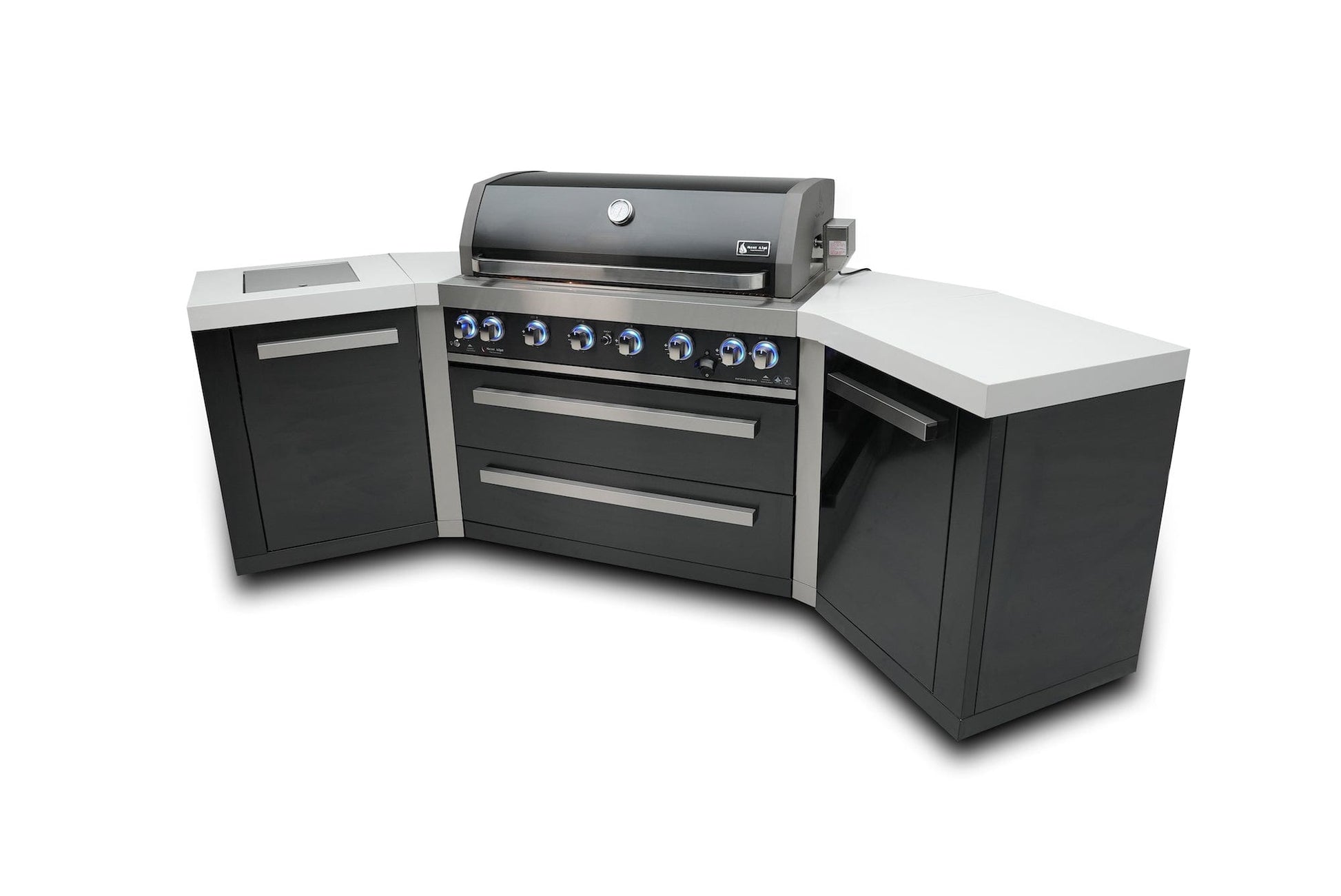Mont Alpi Islands Mont Alpi 805 Black Stainless Steel Island with Two 45 Degree Corners / 6-Burner Grill, 2 Infrared Burners, Rotisserie Kit, Cover / MAi805-BSS45
