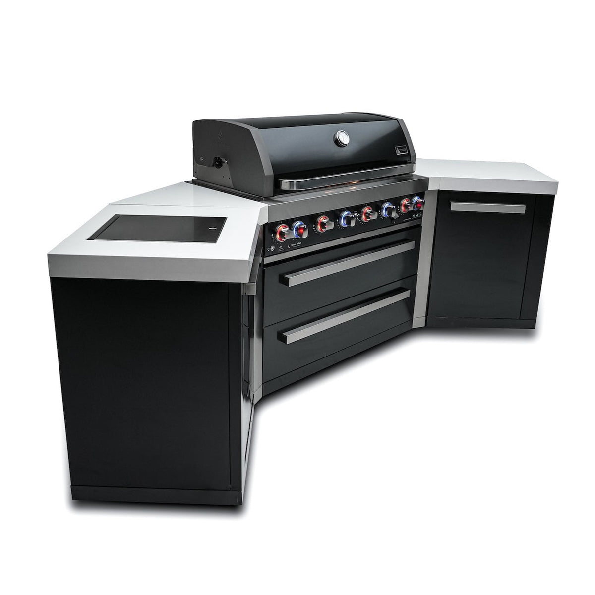 Mont Alpi Islands Mont Alpi 805 Black Stainless Steel Island with Two 45 Degree Corners / 6-Burner Grill, 2 Infrared Burners, Rotisserie Kit, Cover / MAi805-BSS45