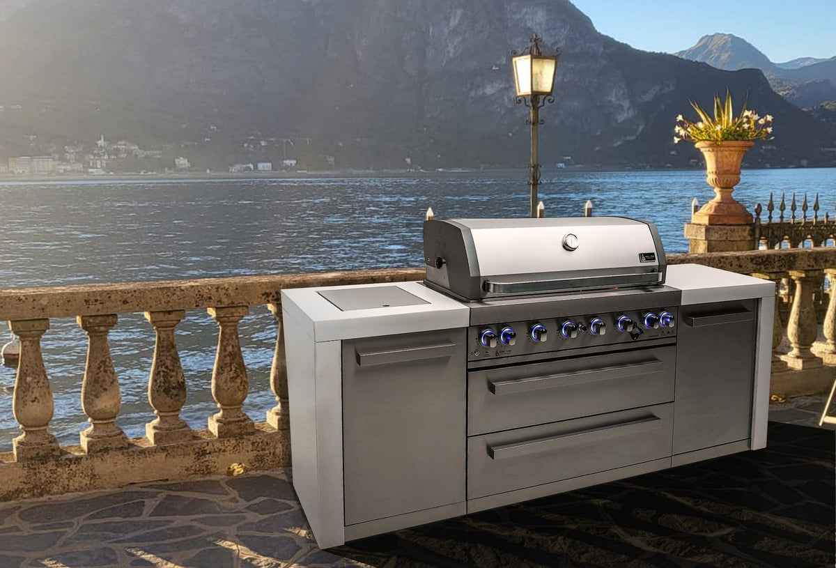 Mont Alpi Islands Mont Alpi 805 Deluxe Island / 6-Burner Grill, 2 Infrared Burners, Stainless Steel, Waterfall Sides, Rotisserie Kit, Cover / MAi805-D