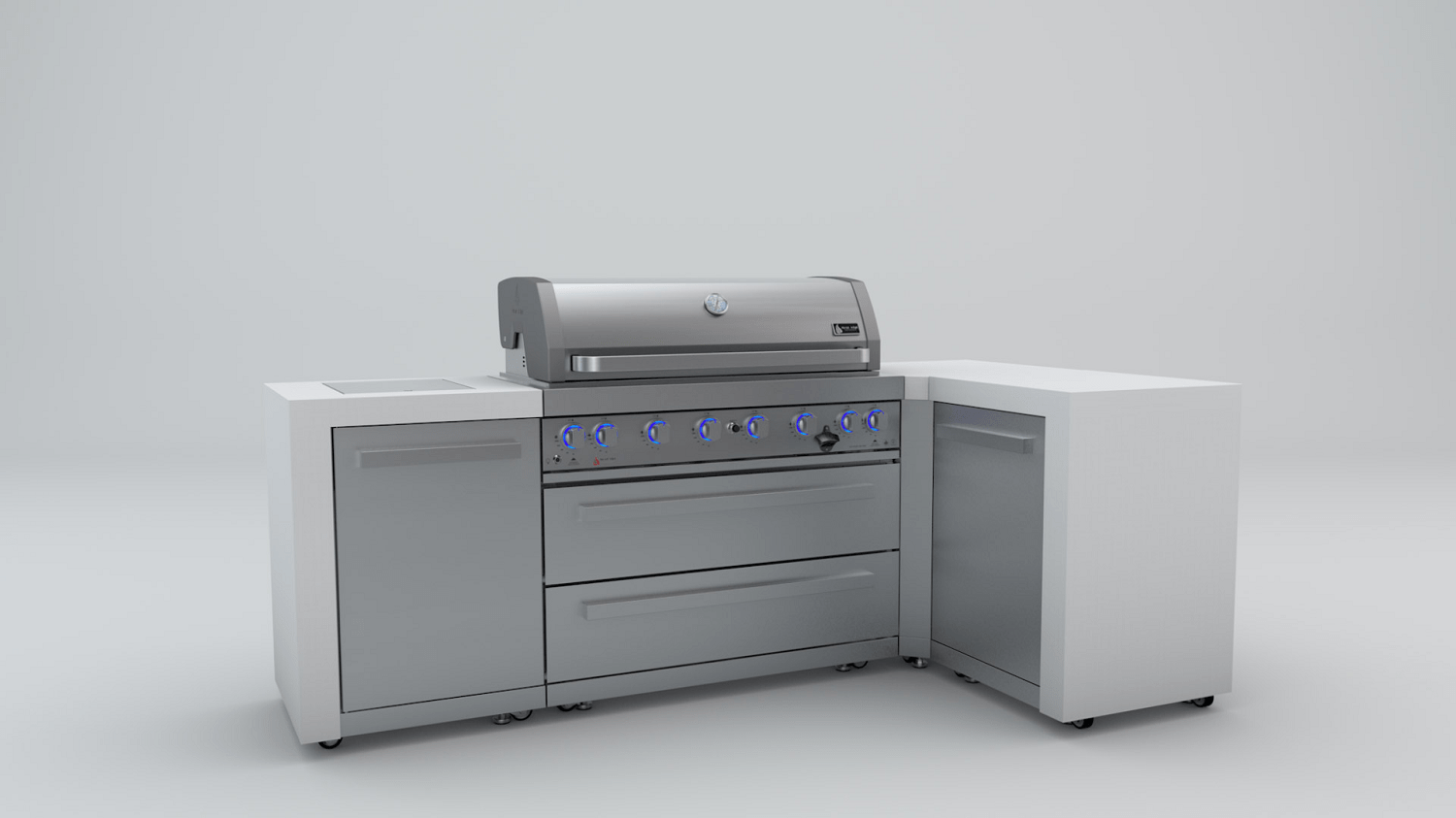 Mont Alpi Islands Mont Alpi 805 Deluxe Island with 90 Degree Corner / 6-Burner Grill, 2 Infrared Burners, Stainless Steel, Waterfall Sides / MAi805-D90C