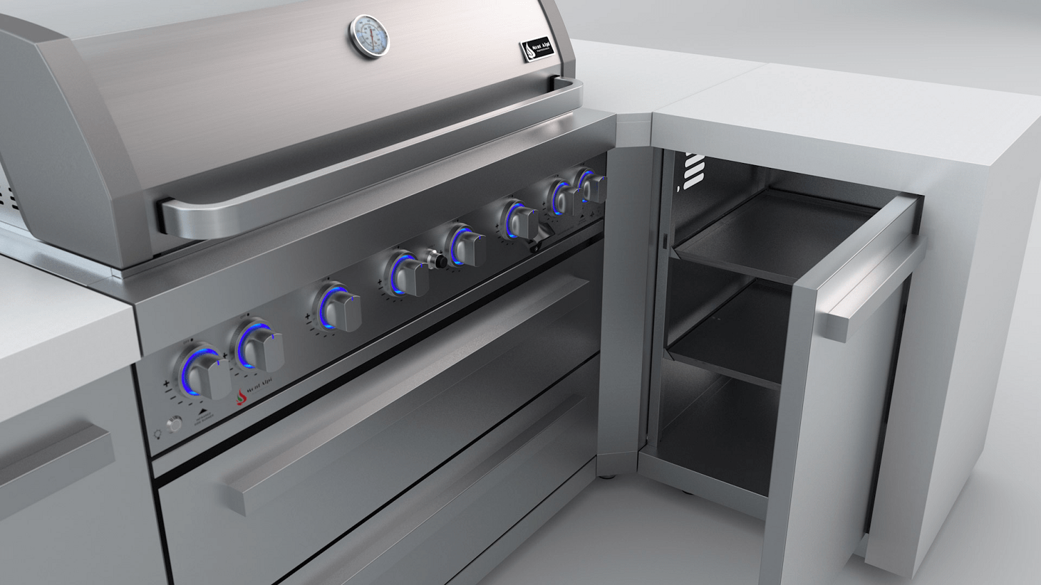 Mont Alpi Islands Mont Alpi 805 Deluxe Island with 90 Degree Corner / 6-Burner Grill, 2 Infrared Burners, Stainless Steel, Waterfall Sides / MAi805-D90C