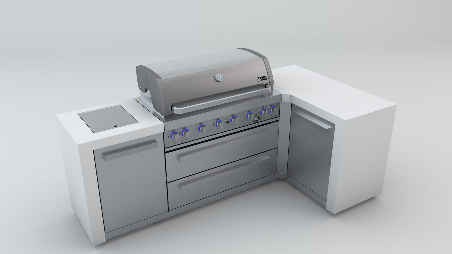 Mont Alpi Islands Mont Alpi 805 Deluxe Island with 90 Degree Corner / 6-Burner Grill, 2 Infrared Burners, Stainless Steel, Waterfall Sides / MAi805-D90C