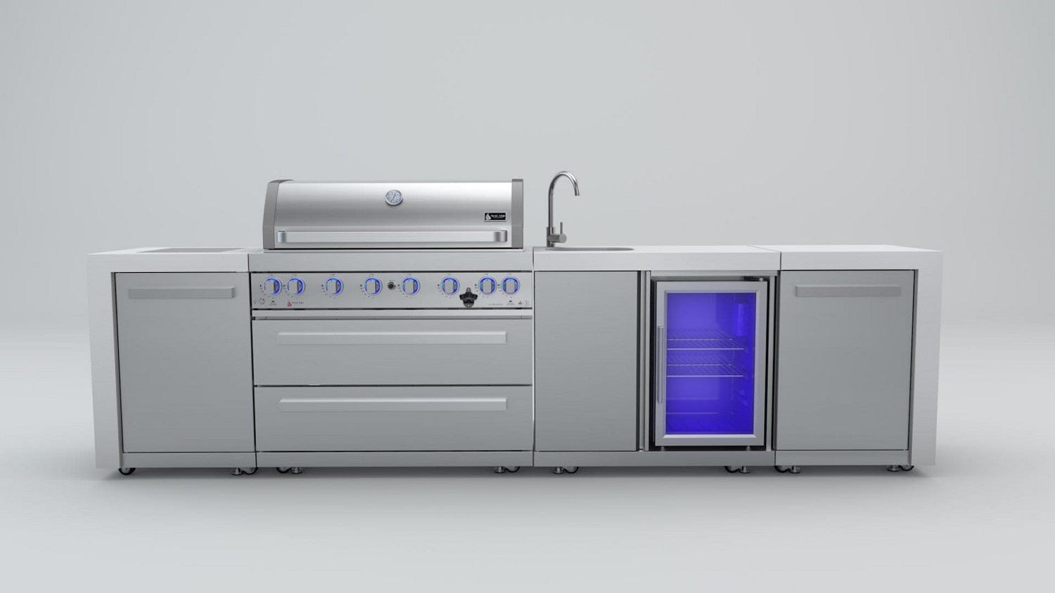 Mont Alpi Islands Mont Alpi 805 Deluxe Island with Beverage Center / 6-Burner Grill, 2 Infrared Burners, Sink, Fridge, Stainless Steel, Waterfall Sides / MAi805-DBEV