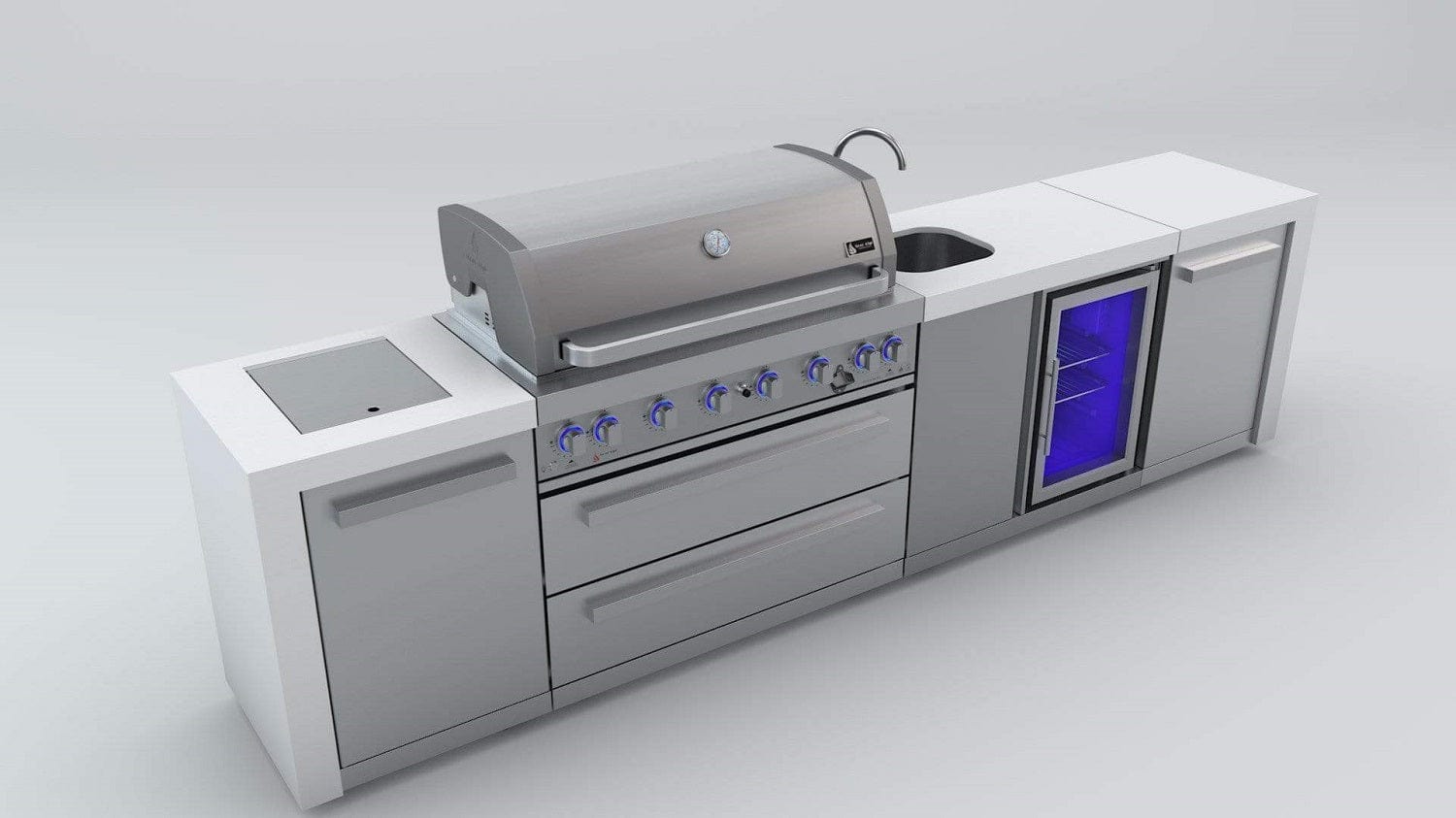 Mont Alpi Islands Mont Alpi 805 Deluxe Island with Beverage Center / 6-Burner Grill, 2 Infrared Burners, Sink, Fridge, Stainless Steel, Waterfall Sides / MAi805-DBEV