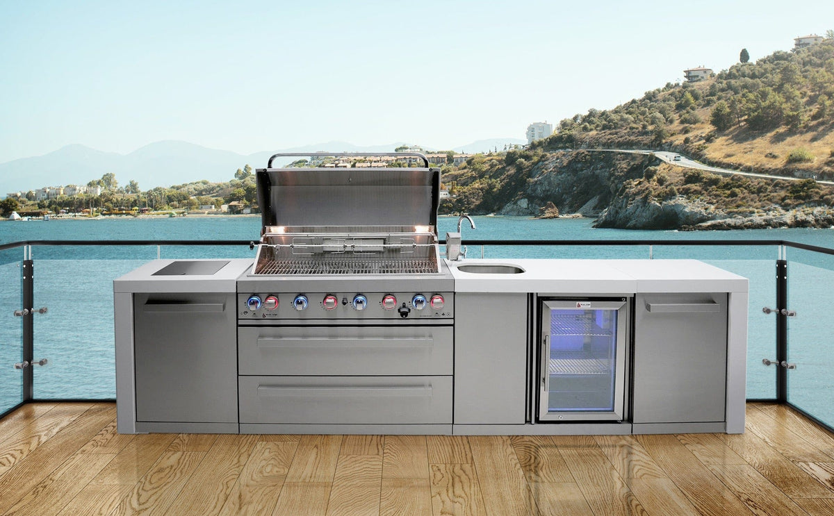 Mont Alpi Islands Mont Alpi 805 Deluxe Island with Beverage Center / 6-Burner Grill, 2 Infrared Burners, Sink, Fridge, Stainless Steel, Waterfall Sides / MAi805-DBEV