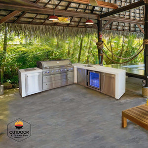 Mont Alpi Islands Mont Alpi 805 Deluxe Island with Beverage Center + 90 Degree Corner / 6-Burner Grill, 2 Infrared Burners, Sink, Fridge, Stainless Steel / MAi805-DBEV90C